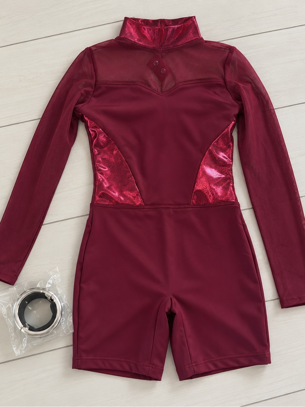 Balera Dance Burgundy Metallic Unitard Costume + Ponytail Ring – Child Large